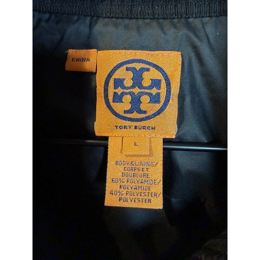 Tory Burch Black Quilted Puffer Vest Gold Logo Snap Button Preppy Luxury Large L